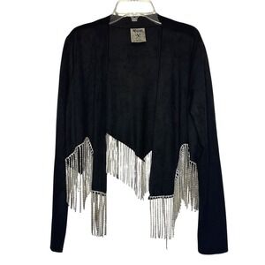 Vocal Black‎ Fringe Rhinestone Faux Suede Jacket Women Small Boho Western Glam
